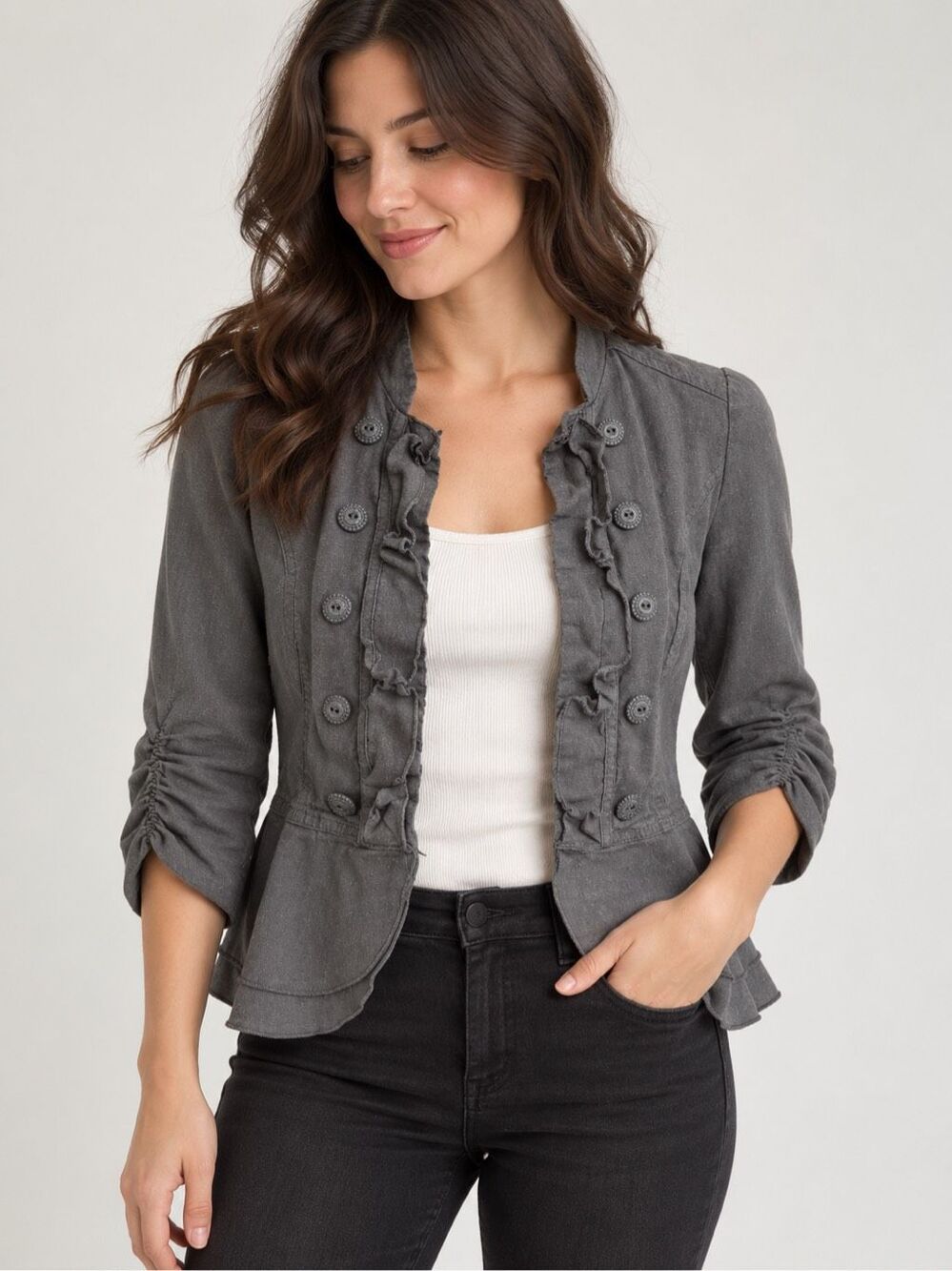 vanity Women’s Gray Linen Blend Ruffle Lace Back Military Blazer Jacket SZ S